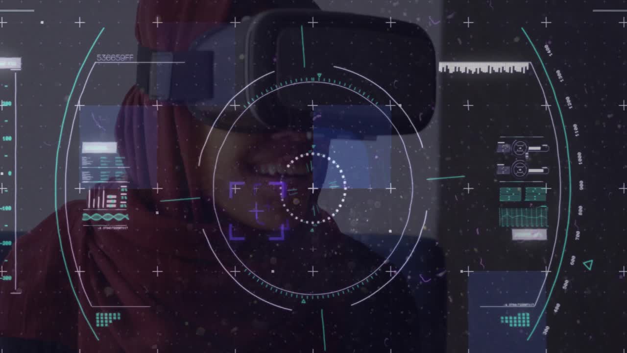 animación de la exploración del alcance sobre una mujer sonriente en hijab con auriculares vr