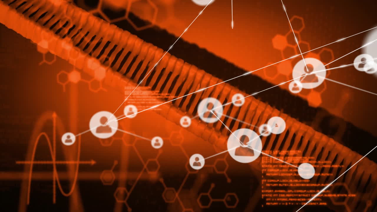 Abstract helical coil stretching diagonally across orange scene, linking user icons via data lines