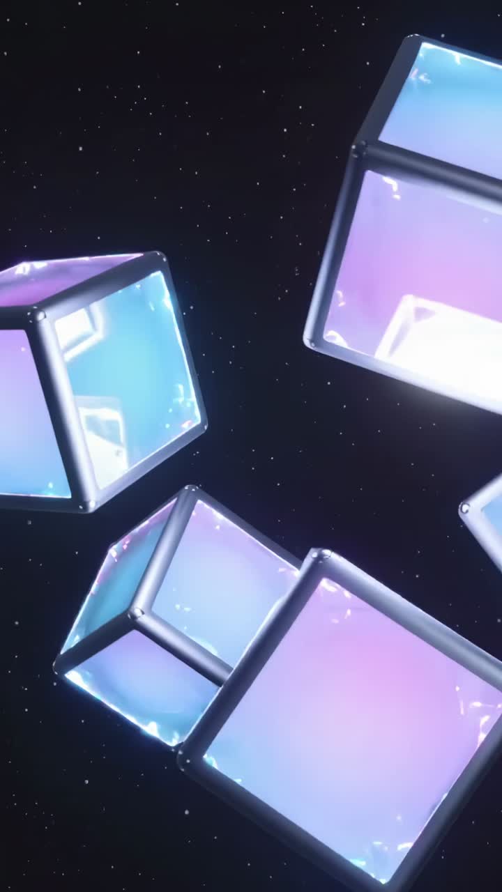 Vertical video: Shifting camera making cubes rotating and drifting in stars, showing metal edges