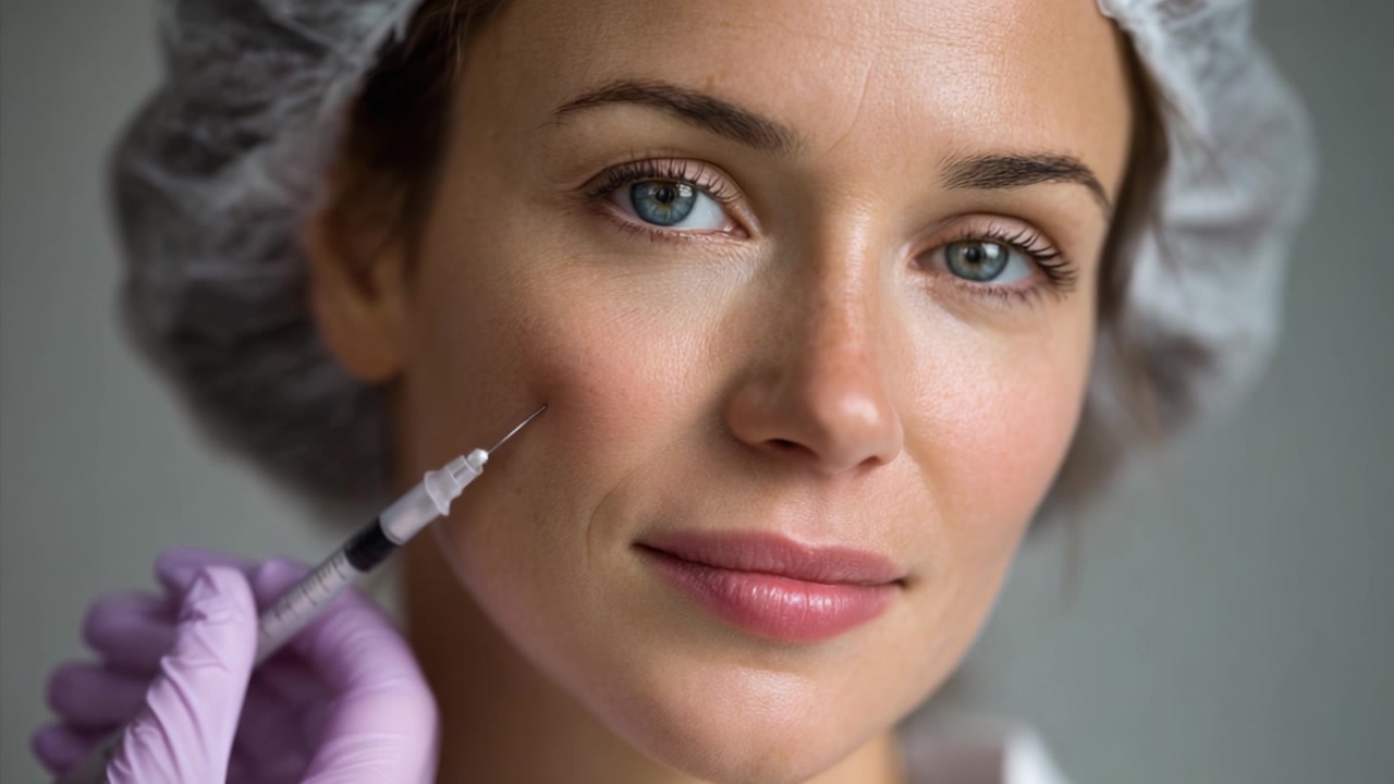 Trattamento estetico: primo piano di una donna che riceve un'iniezione facciale con un'espressione serena, che mostra bellezza e fiducia nelle procedure cosmetiche