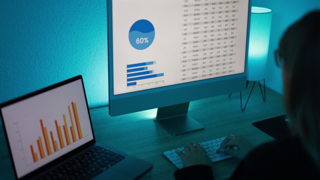 mujer joven estudiando gráficos de datos para informes financieros de marketing