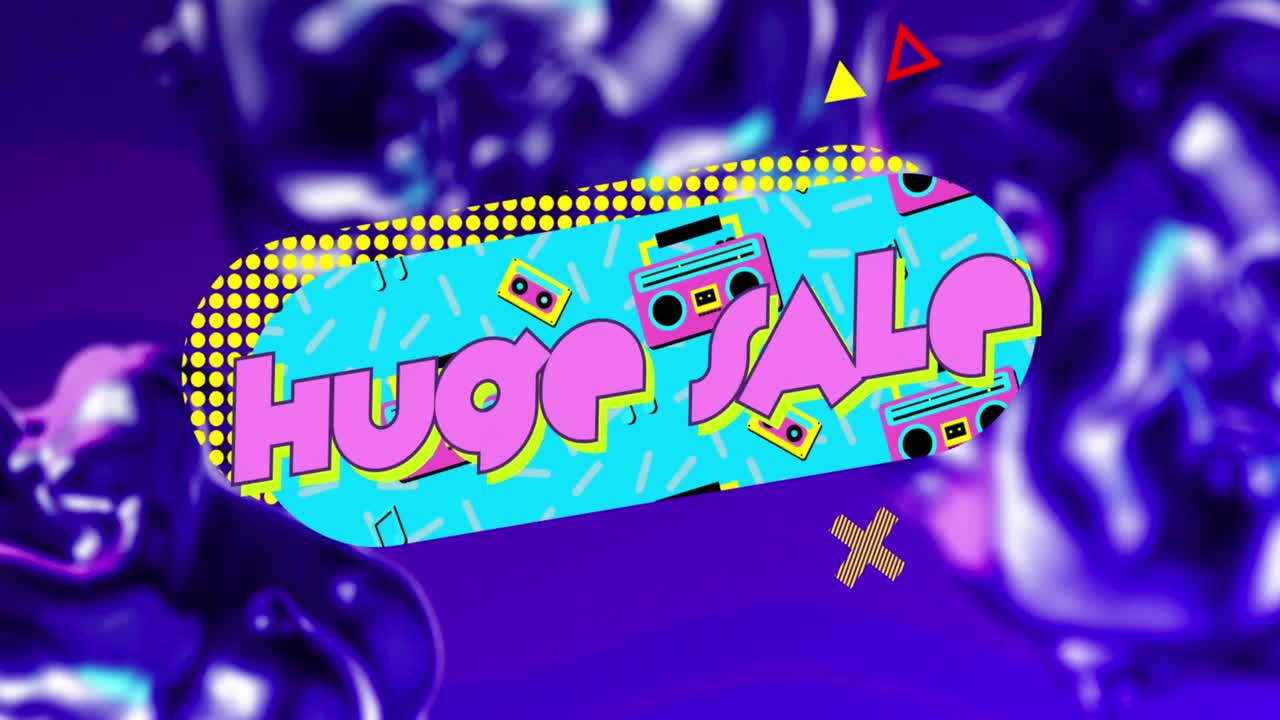 animación de un enorme texto de venta en letras rosadas sobre una pancarta de estilo vintage azul y un fondo brillante púrpura