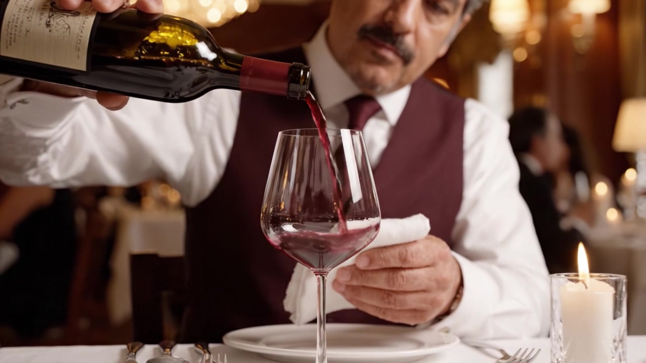 Een Verfijnde Dinerervaring: Een Sommelier Schenkt Elegant Wijn in een Glas in een Luxe Restaurantomgeving met Kaarslicht Sfeer.