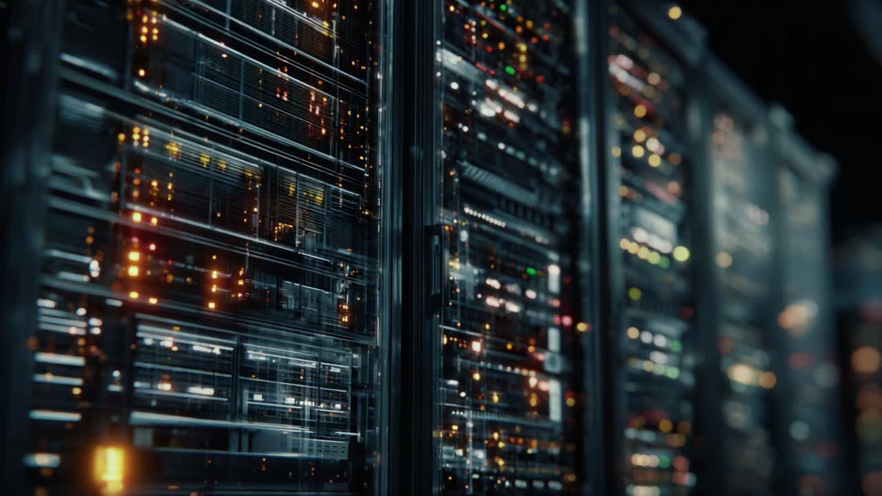 A Close-Up View of High-Performance Data Center Servers Highlighting Advanced Technology and Complex Interconnectivity in Modern Computing Environments