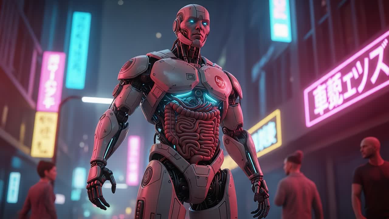 A futuristic robotic figure stands prominently at the center of a neon-lit urban landscape, showcasing advanced technology and intricate circuitry in a bustling environment.