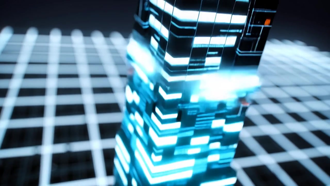 Pulsing modular tower emitting cyan ring as camera nearing and light band climbing upward on grid