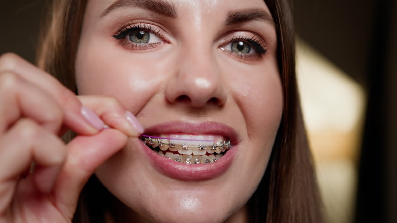 Woman Flossing with Braces