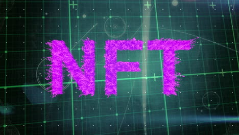 animation of nft text banner over grid network against network of connections on black background