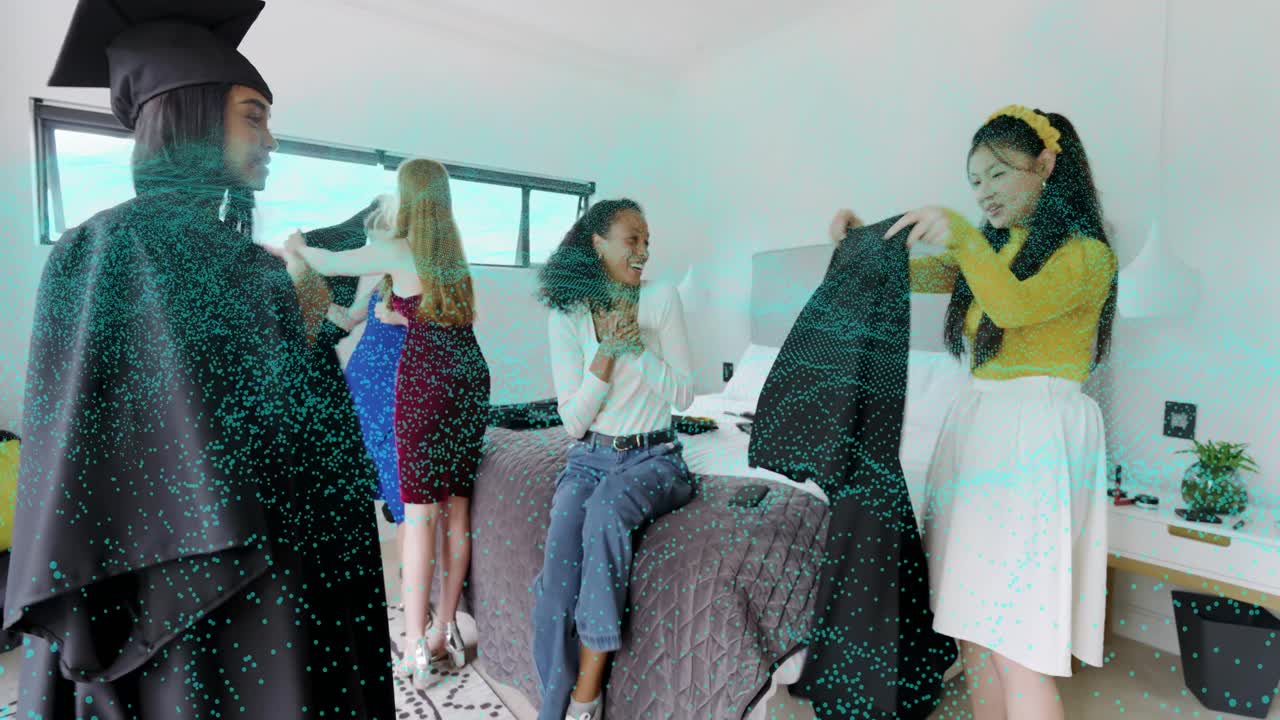 Graduate presenting graduation gown in bedroom, friends checking, straightening, trying jacket