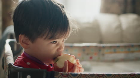 portrait of a little boy, eating a big apple, standing in his crib