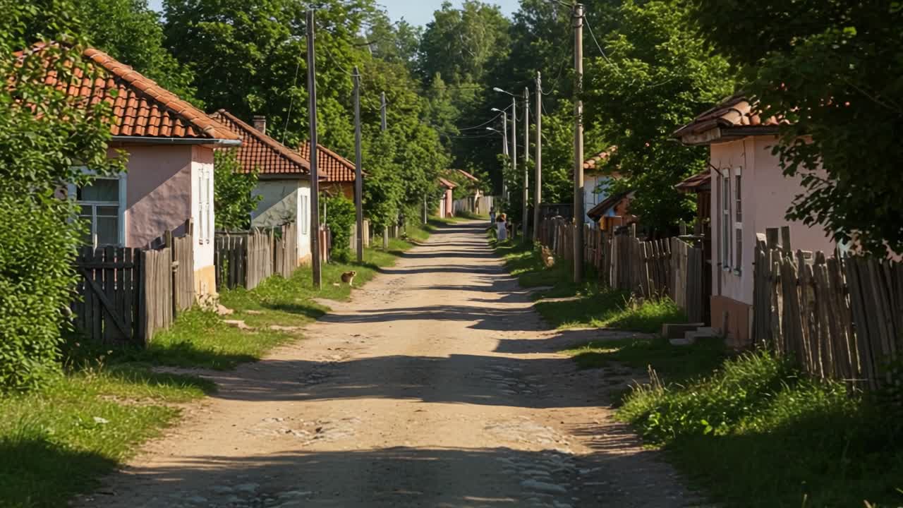 Tranquil Pathway Through a Serene Old Village with Lush Greenery and Rustic Homes on Either Side, Inviting a Sense of Peace and Nostalgia