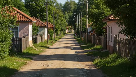 tranquil pathway through a serene old village with lush greenery and rustic homes on either side, inviting a sense of peace and nostalgia