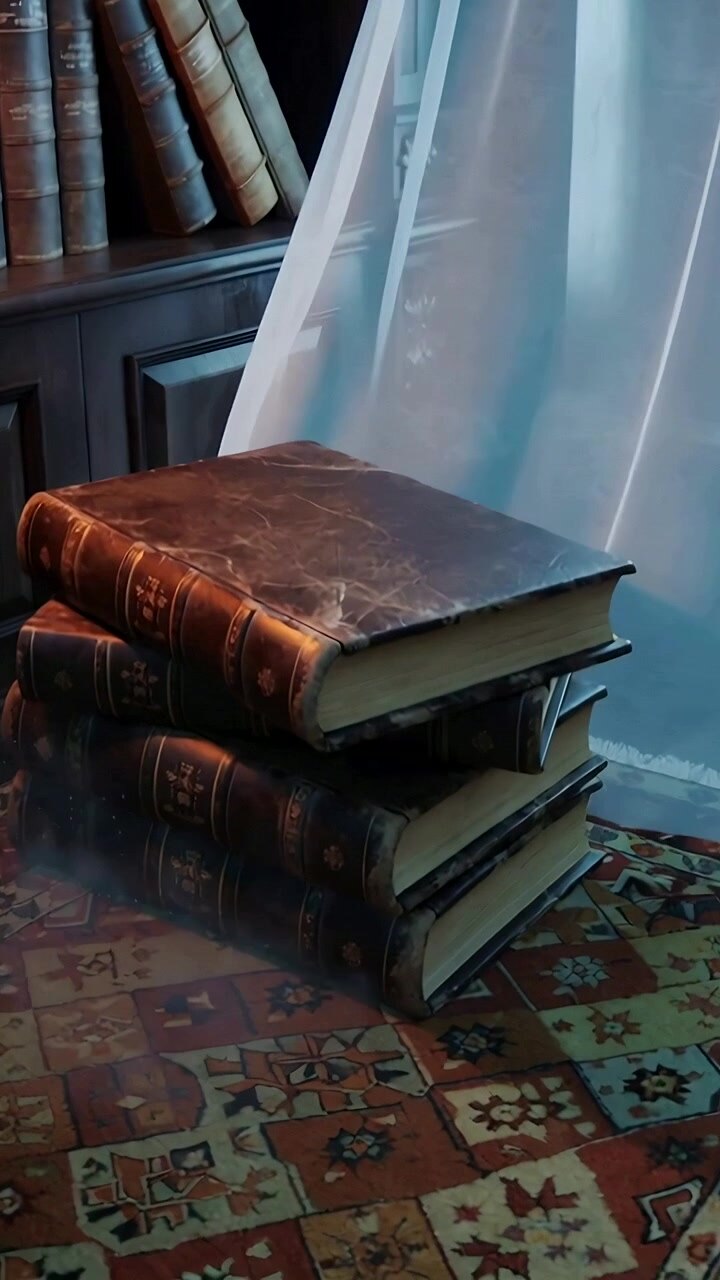 Video verticale: Tenda ondeggiante che si muove dalla finestra in uno studio, con luce che si sposta su libri antichi.