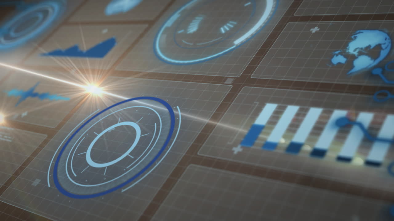 Animation of graph, globe, loading circles with lens flares against abstract background