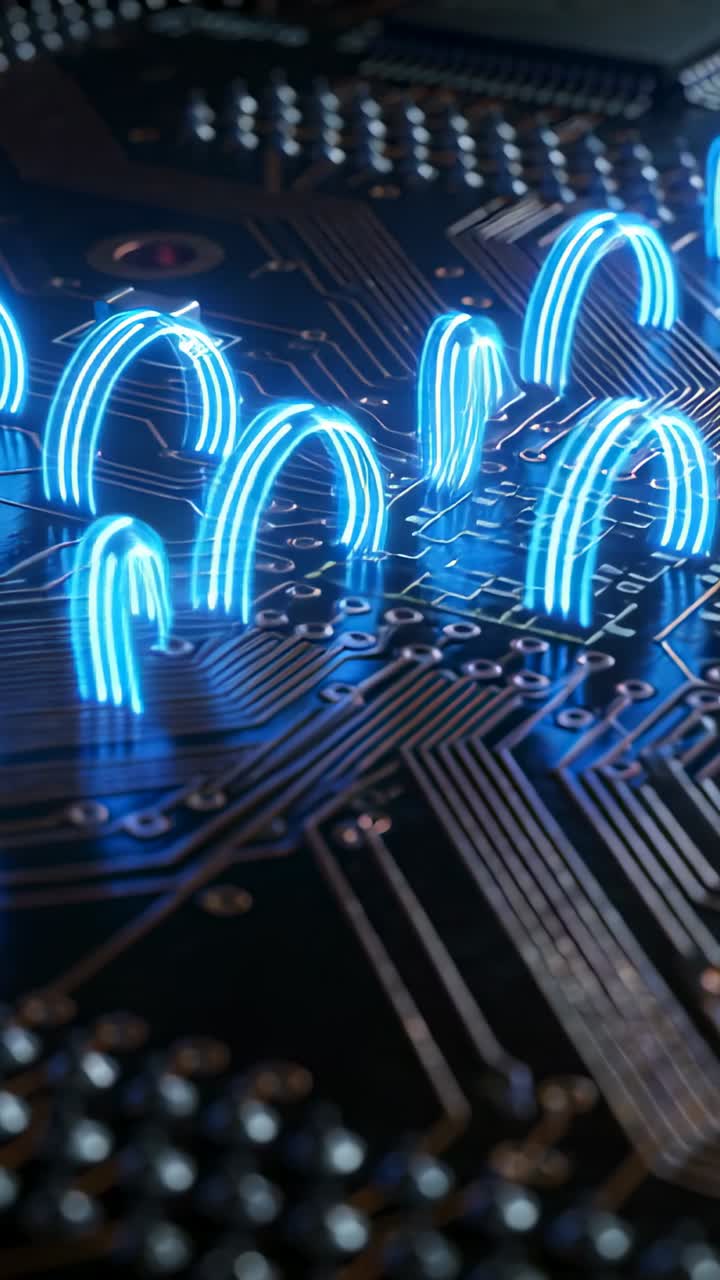 Vertical video: Animating blue arcs starting from solder pads along PCB traces, showing signal flow