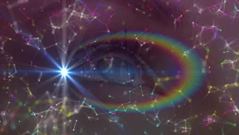 Spot of light and rainbow flare over network of connections against close up of female eye