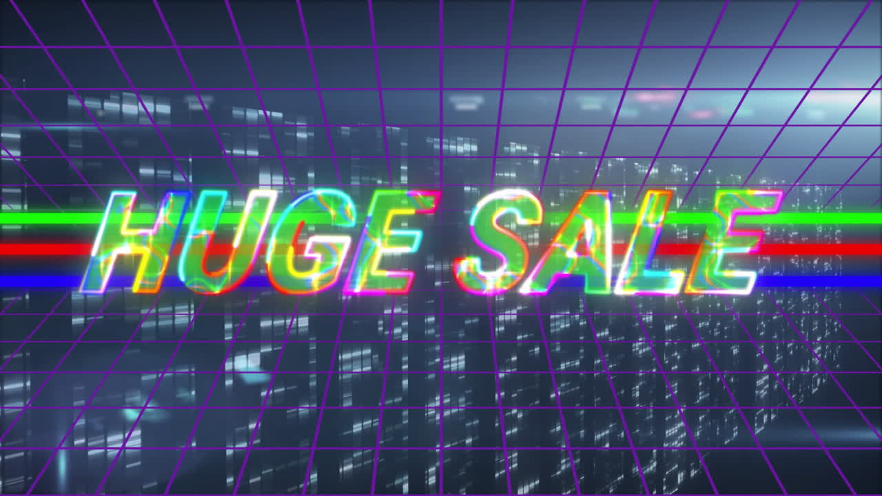 Colorful neon Huge Sale animation over cityscape with grid pattern