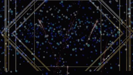 animación de patrón dorado sobre fuegos artificiales explotando y subiendo manchas azules de luz, en negro