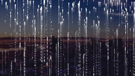 animation of white falling multiple changing numbers over silhouette of modern city against sky