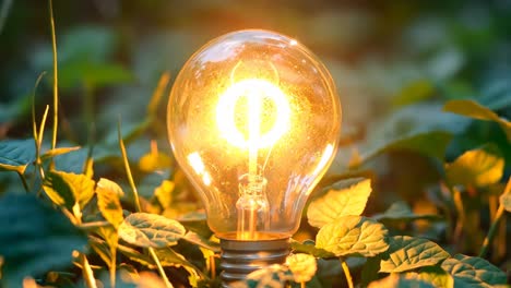 a light bulb sitting in the middle of a field of green leaves