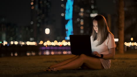 a woman software developer sits in a park on a summer night in the city and writes code looking at a laptop screen. print the article on a laptop. blogger replies to posts
