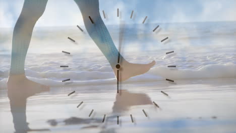 composite video of ticking clock against low section of a person walking at the beach