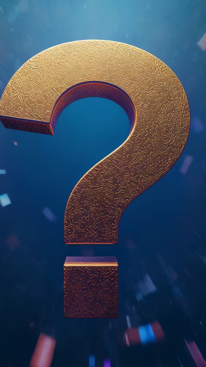 Vertical video: Bobbing gold question mark with dot on stage, light shifting and confetti drifting