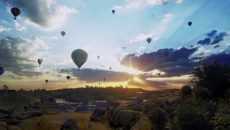 hot air balloons, slowly flying up with others over the city, sunset time