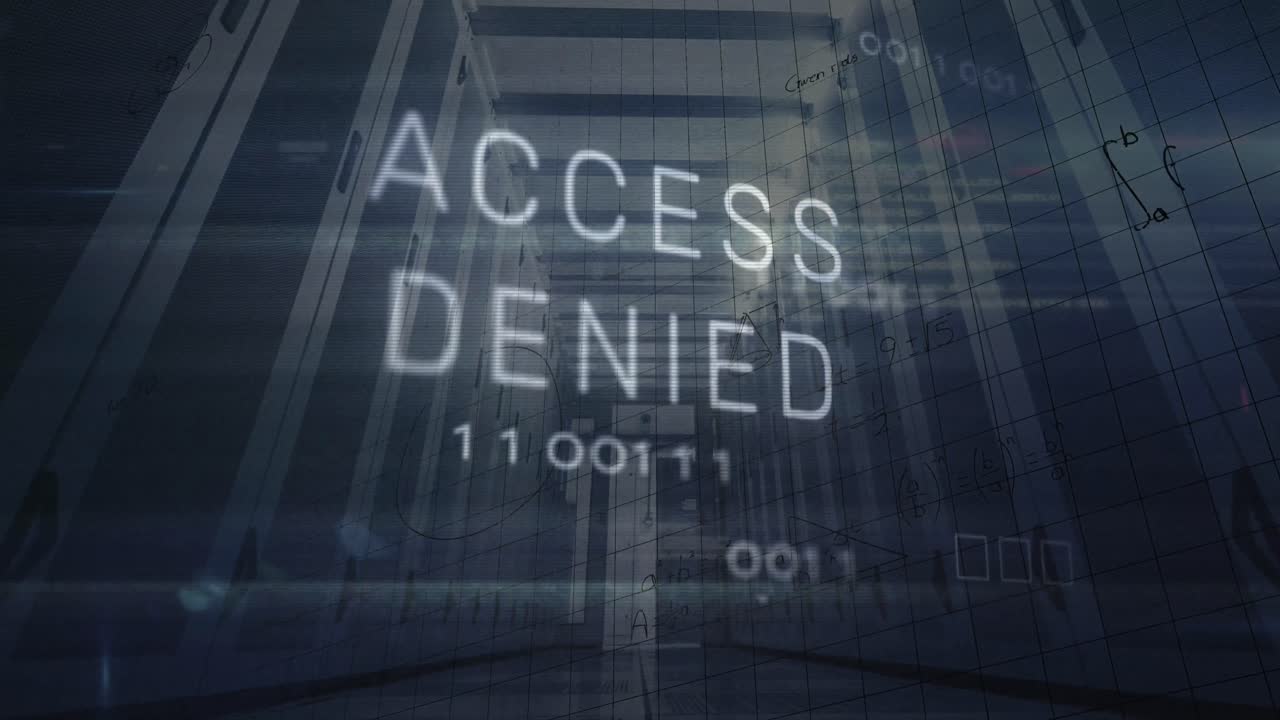バイナリコードのアニメーションアクセス拒否されたテキスト数学方程式およびサーバールームの図