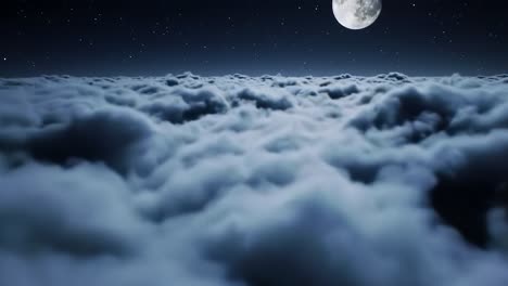 a serene night sky over soft clouds with a bright full moon illuminating the calm, starry scene above the whispering misty horizon