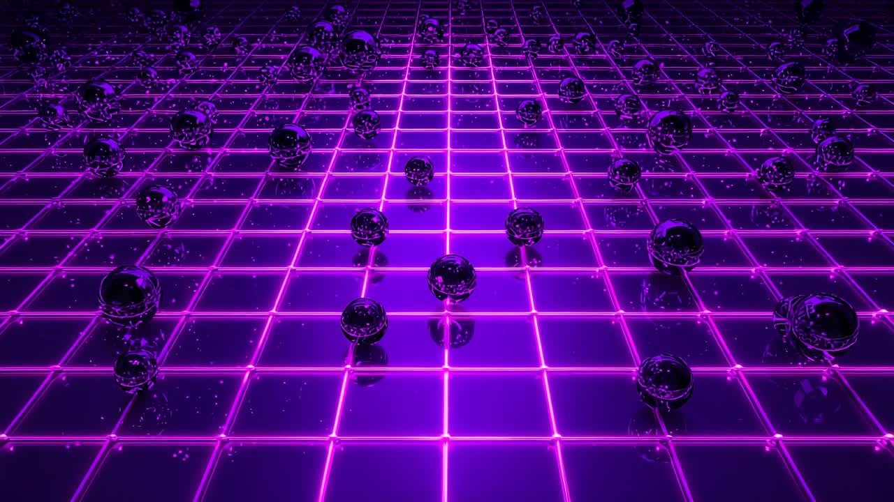 Neon-purple grid and reflective black spheres filling virtual space, creating abstract pattern