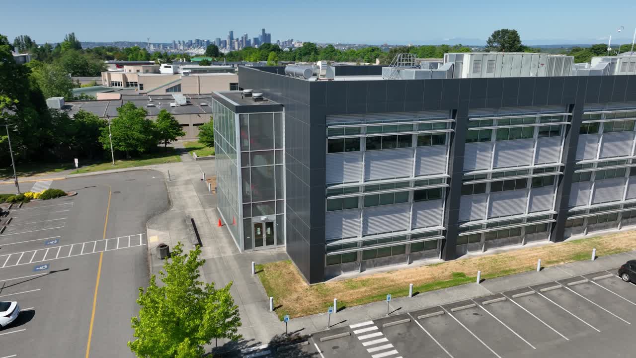 Orbiting aerial view of South Seattle College's Olympic Hall