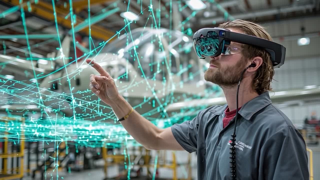Engineer using virtual reality for aircraft maintenance in workshop