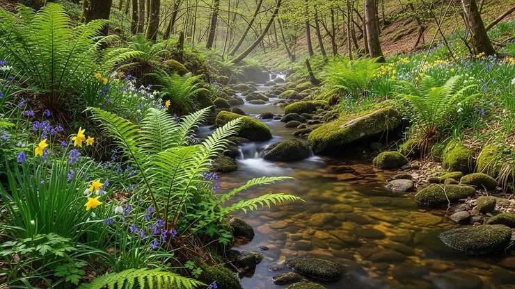 Un sereno ruscello nel bosco che scorre attraverso felci vivaci e fiori selvatici colorati, catturando l'essenza della tranquillità e della bellezza naturale in un paesaggio verde lussureggiante.