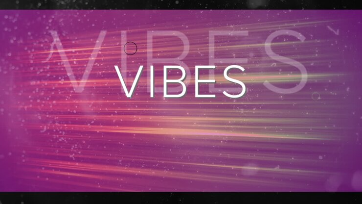 Animation of vibes text in white with circles over glowing colourful streaks on dark pink