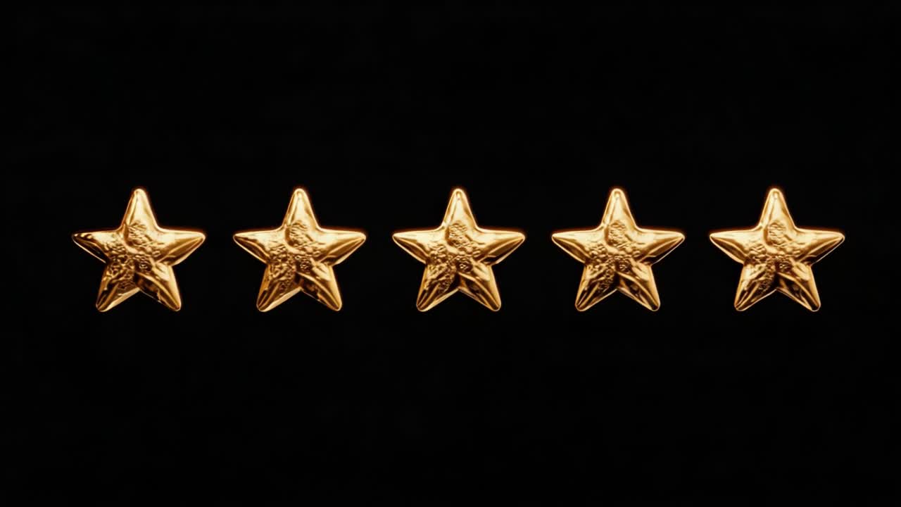 A Stunning Display of Golden Stars Featuring a Sequence of Five Golden Stars on a Sleek Black Background Highlighting Their Glossy Texture and Unique Design