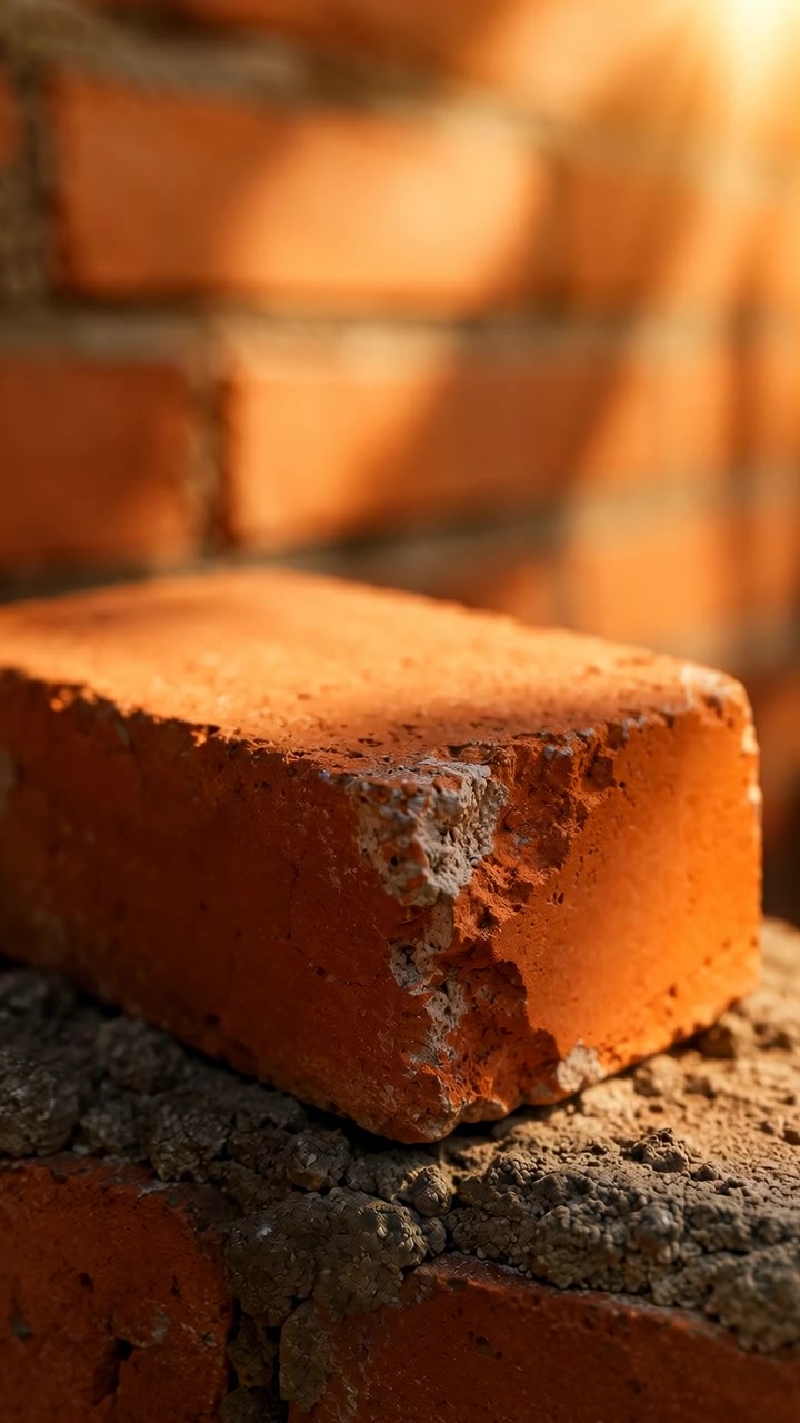 Detailní záběr pohybové scény jedné červené hliněné cihly spočívající na křehké maltě na částečně postavené zdi, ukazující jemné usazování, odštípnutý roh, drsný povrch, teplé sluneční světlo, malou hloubku ostrosti a
