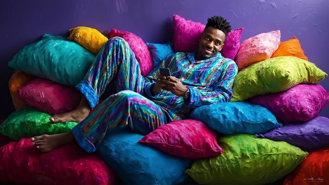A man sitting on a pile of colorful pillows with a cell phone