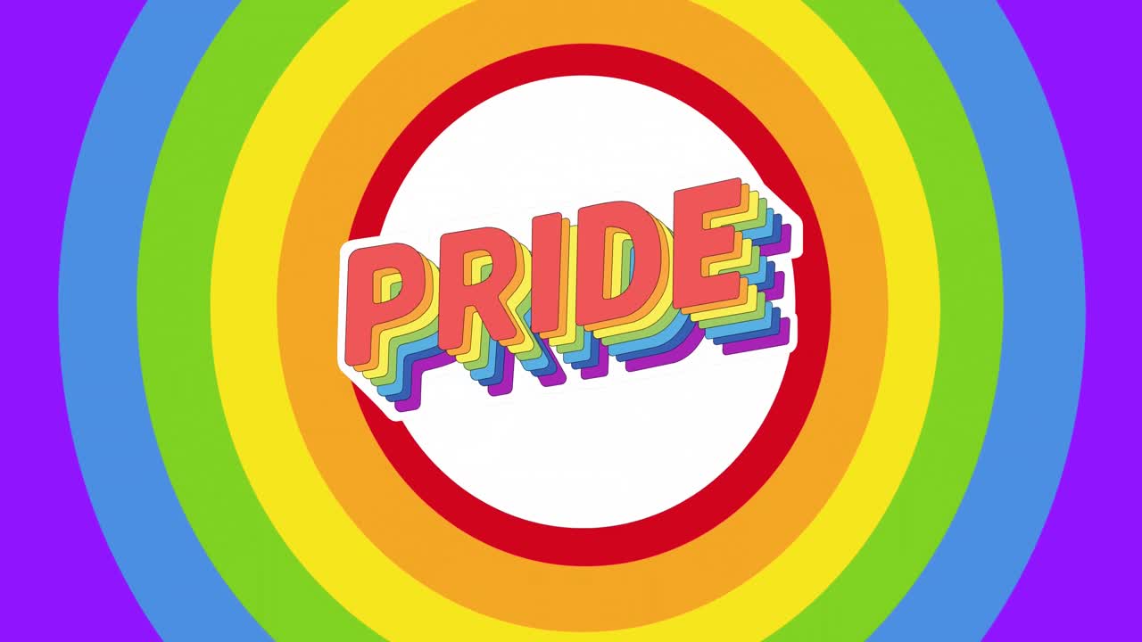 animación del texto del orgullo sobre el fondo de los círculos del arco iris