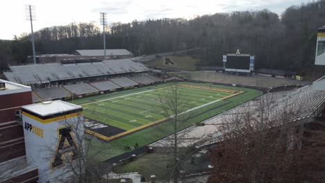 Appalachian-State-Mountaineers,-Upward-Aerial-of-Kidd-Brewer-Stadium-Boone-North-Carolina