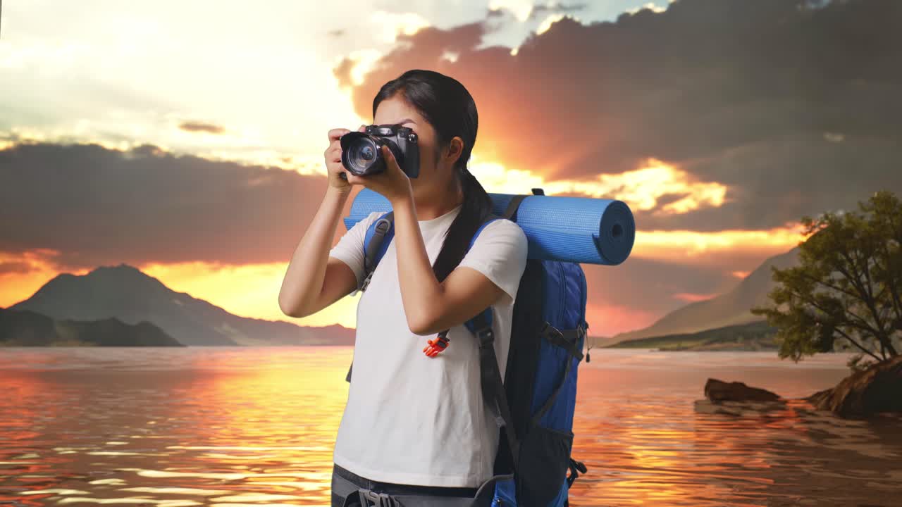 excursionista femenina asiática con mochila de montañismo usando una cámara tomando fotos en un lago