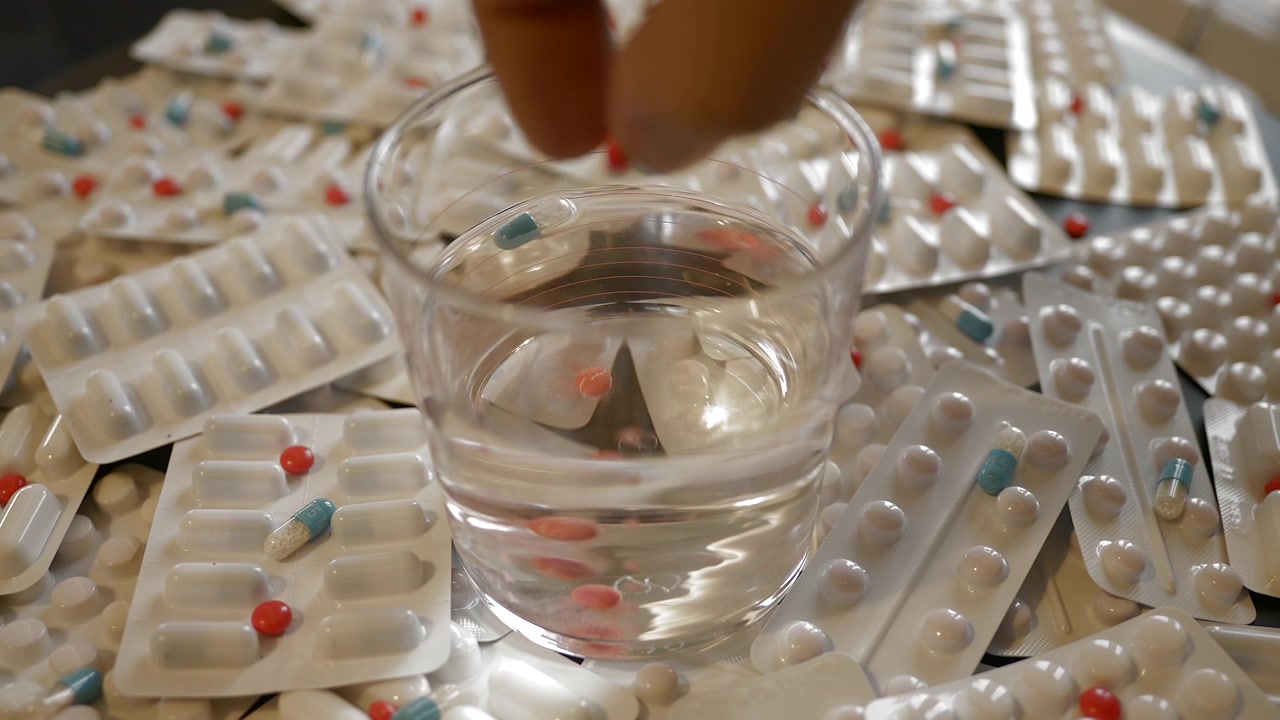Main déposant un comprimé dans un verre d'eau, entourée de plaquettes de médicaments