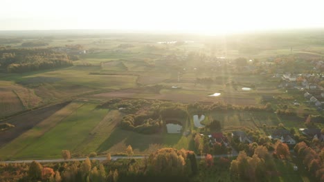 Antenne:-Fliegen-über-Grüne-Wälder-Und-Felder-Im-Sommer-In-Einem-Dorf-Auf-Dem-Land