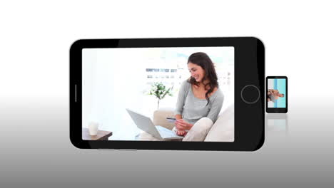 teléfonos inteligentes girando para revelar la escena de personas relajándose con nuevas tecnologías