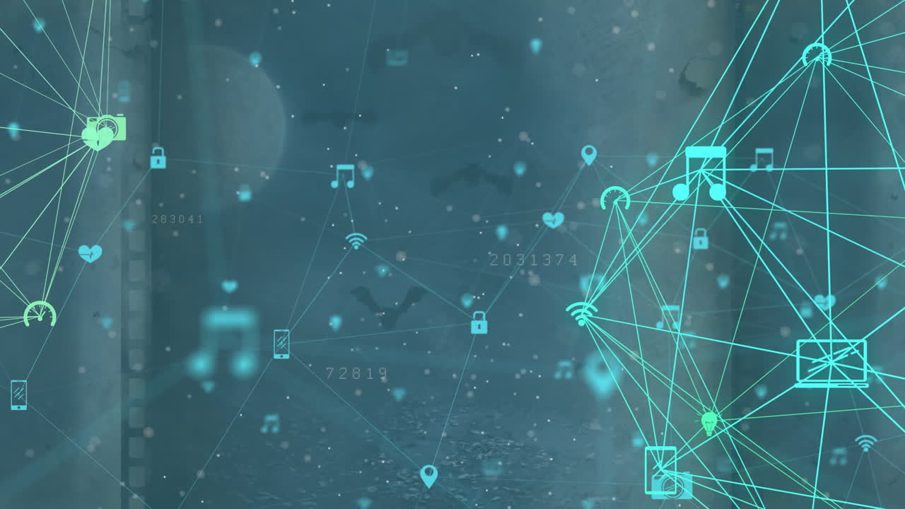 Animation of globe with networks of connections and icons