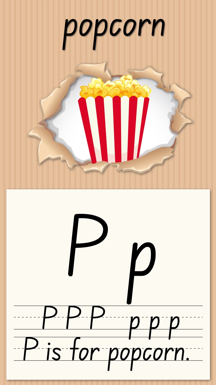 Animert pedagogisk video som lærer bokstaven P ved hjelp av popcorn-grafikk og håndskriftøvelse på papir