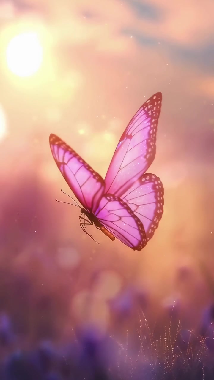 Primo piano di una farfalla rosa che volteggia in un tramonto magico