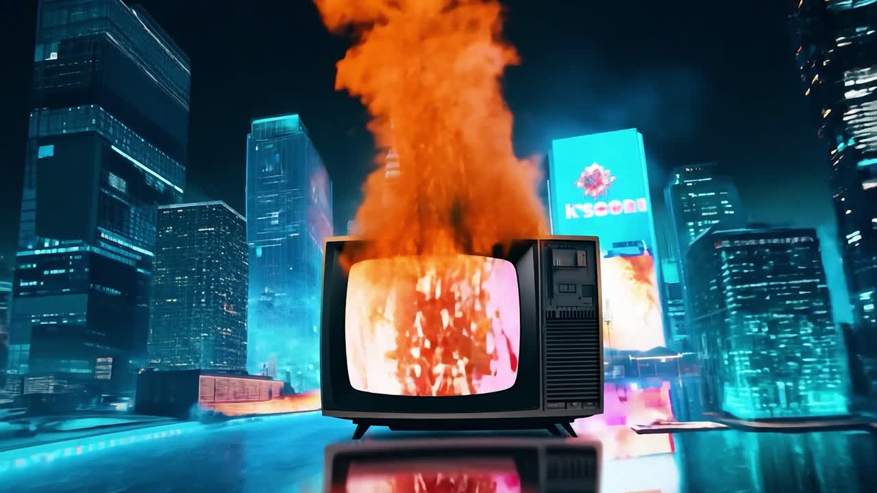 미래의 도시에서 레트로 tv를 태우고 있습니다.