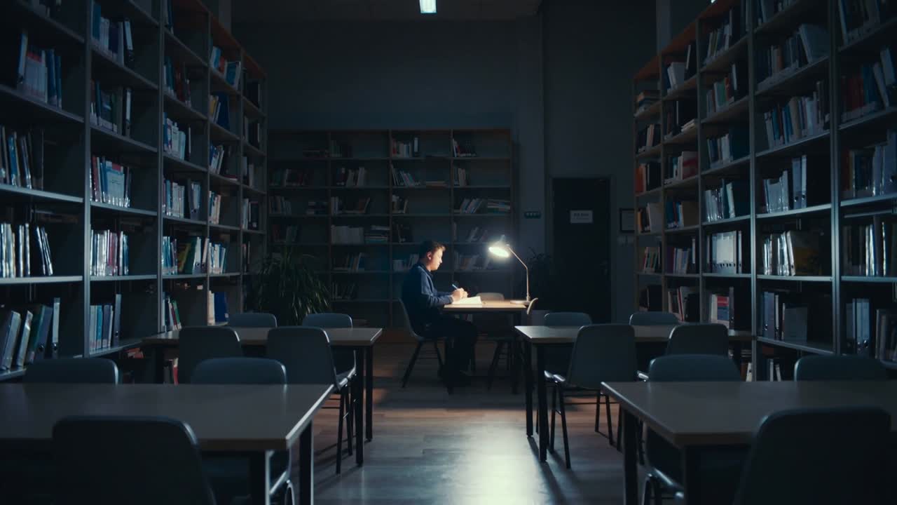 Uomo che studia, indossando una maglia scura, prende appunti sotto una lampada da scrivania in biblioteca, consultando gli scaffali per la ricerca