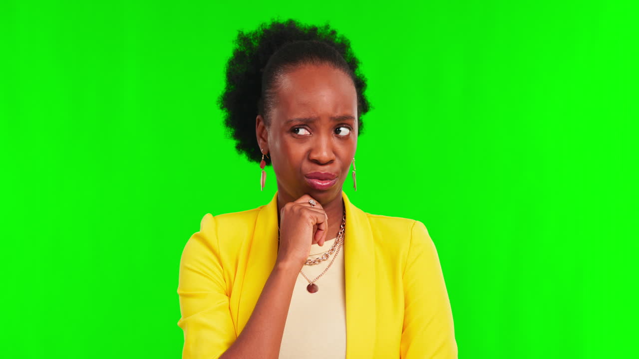 Green screen, thinking and black woman confused